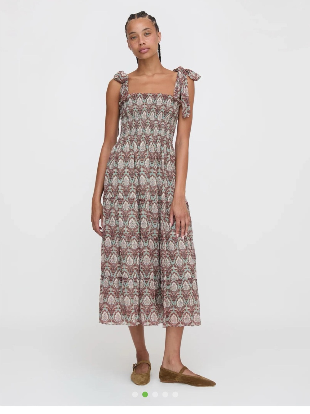 Hill House Smocked Tie-Shoulder Midi Dress in Brown and Cream Paisley